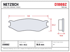 NETZSCH D1869Z brake pad drawing, 18.6 mm thick