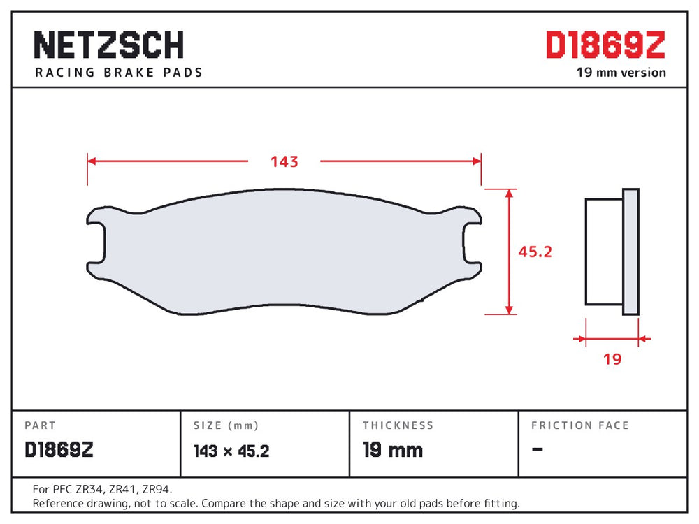NETZSCH D1869Z brake pad drawing, 19 mm thick