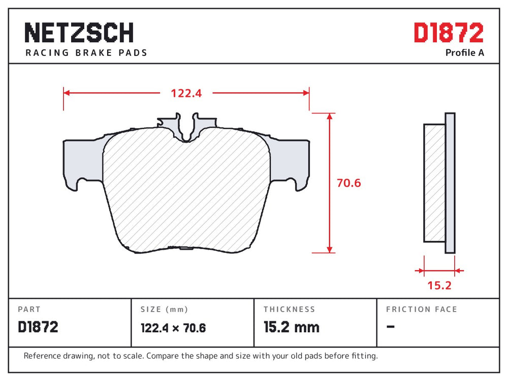 NETZSCH D1872 brake pad drawing, 15.2 mm thick