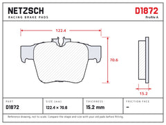 NETZSCH D1872 brake pad drawing, 15.2 mm thick