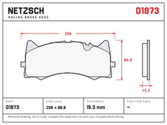 NETZSCH D1873 brake pad drawing, 15.3 mm thick