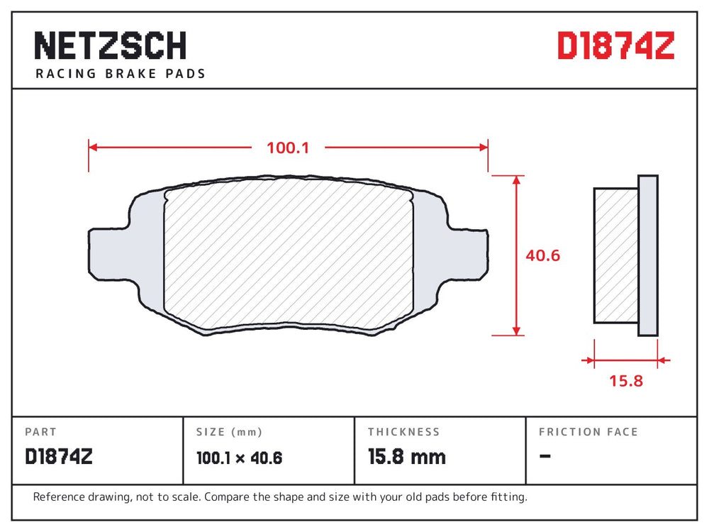 NETZSCH D1874Z brake pad drawing, 15.8 mm thick