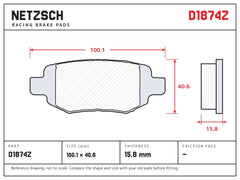 NETZSCH D1874Z brake pad drawing, 15.8 mm thick