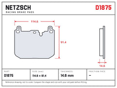 NETZSCH D1875 brake pad drawing, 14.6 mm thick