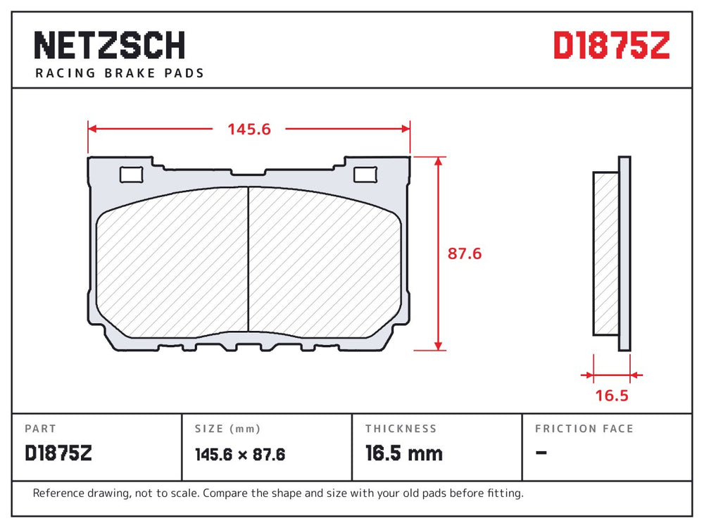 NETZSCH D1875Z brake pad drawing, 16.5 mm thick