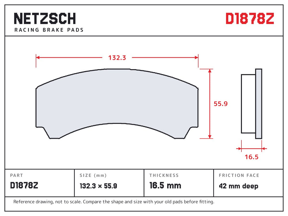 NETZSCH D1878Z brake pad drawing, 16.5 mm thick