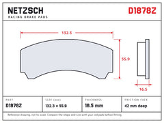 NETZSCH D1878Z brake pad drawing, 16.5 mm thick