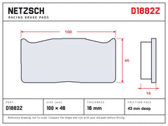 NETZSCH D1882Z brake pad drawing, 16 mm thick