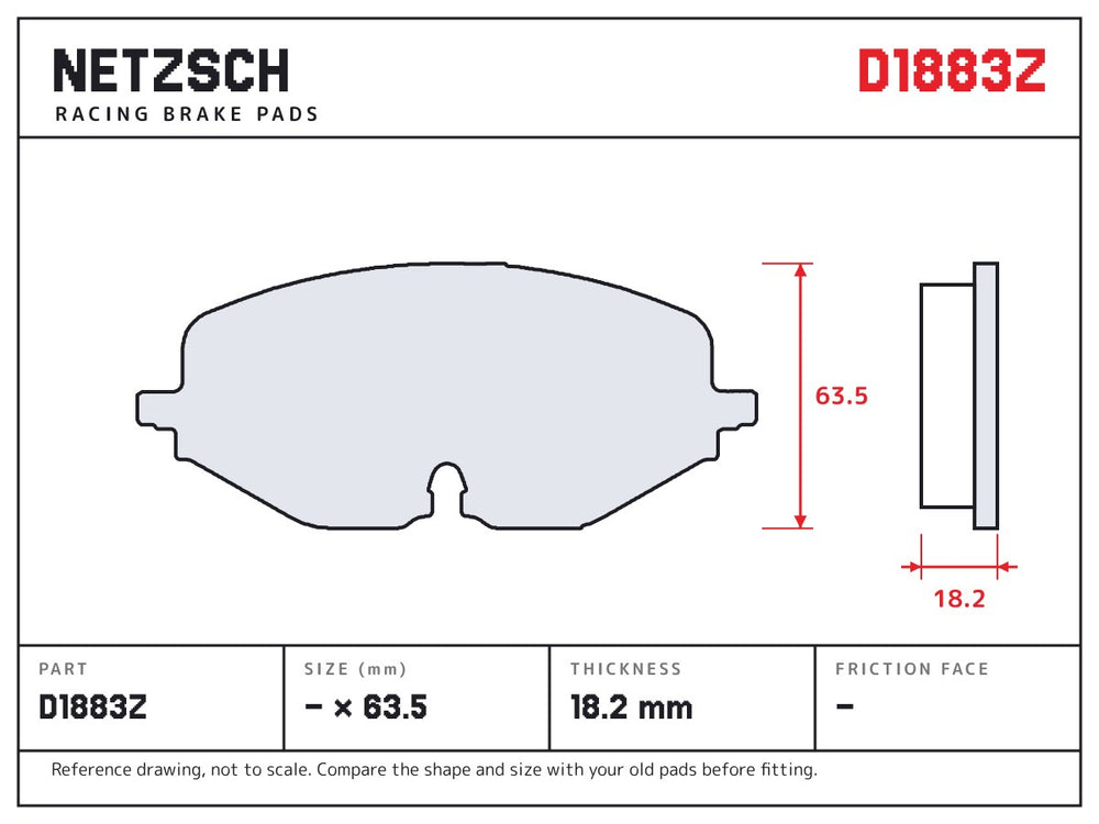 NETZSCH D1883Z brake pad drawing, 18.2 mm thick