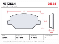 NETZSCH D1886 brake pad drawing, 16.8 mm thick