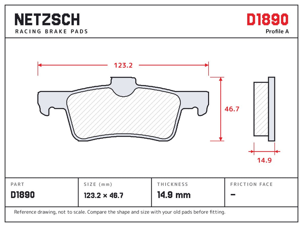 NETZSCH D1890 brake pad drawing, 14.9 mm thick