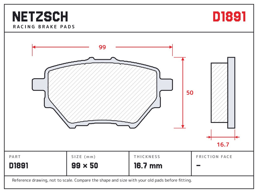 NETZSCH D1891 brake pad drawing, 16.7 mm thick