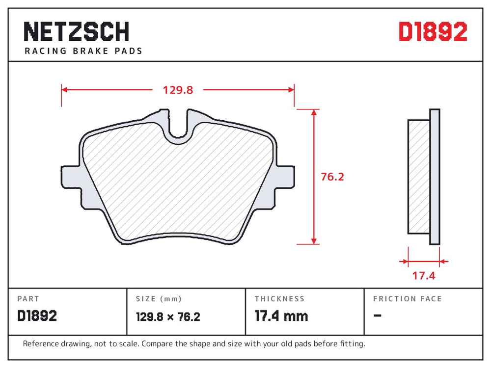 NETZSCH D1892 brake pad drawing, 17.4 mm thick