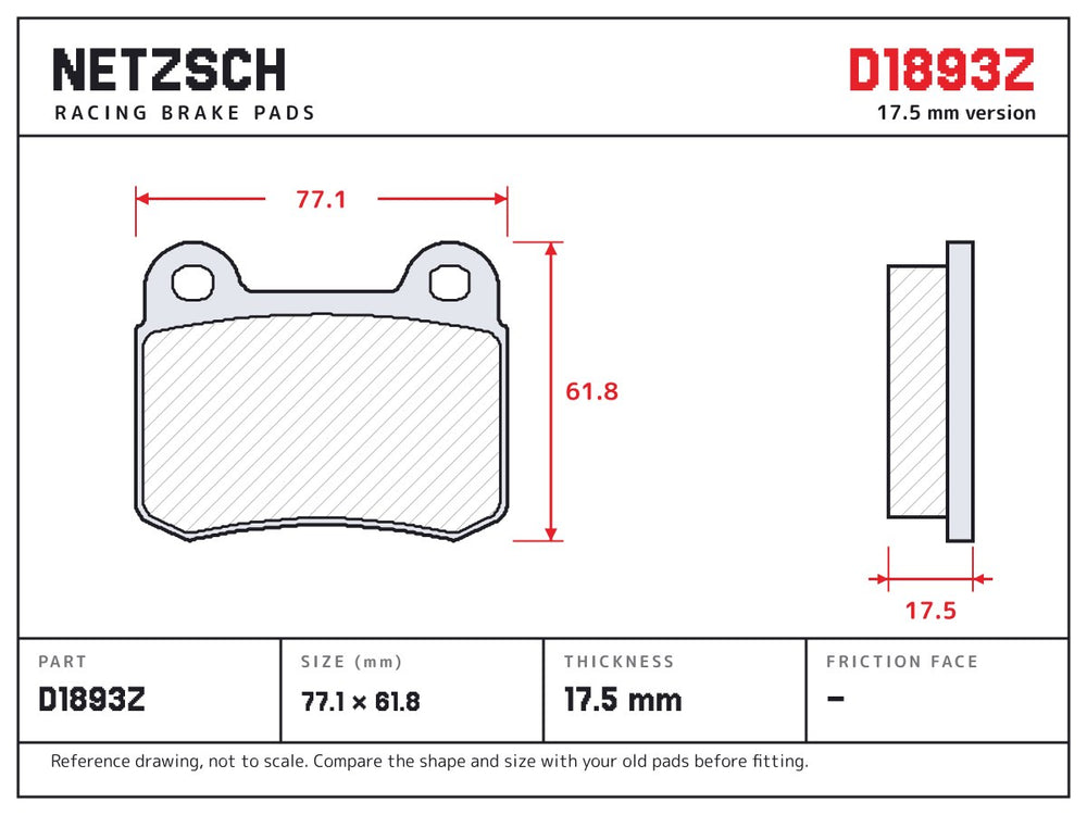 NETZSCH D1893Z brake pad drawing, 17.5 mm thick