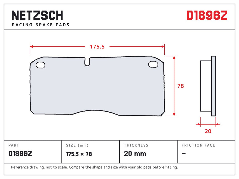 NETZSCH D1896Z brake pad drawing, 20 mm thick