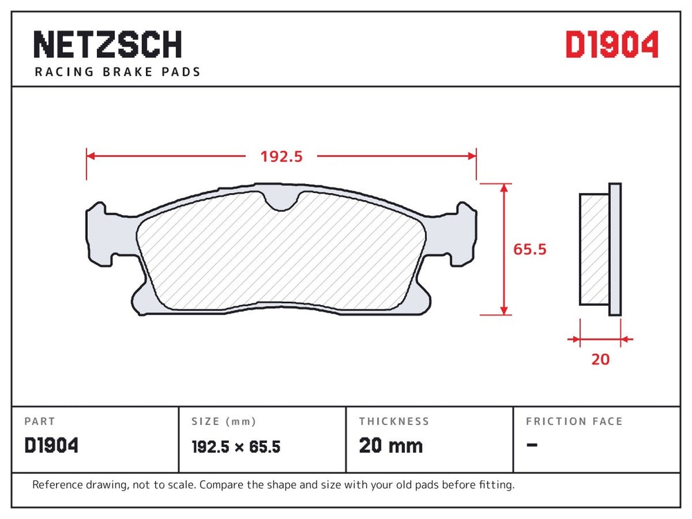 NETZSCH D1904 brake pad drawing, 20 mm thick