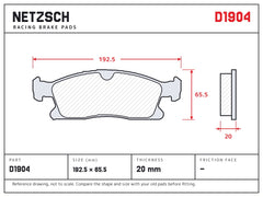 NETZSCH D1904 brake pad drawing, 20 mm thick