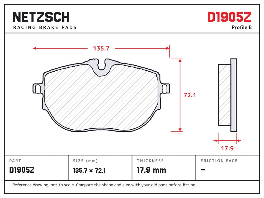 NETZSCH D1905Z brake pad drawing, 17.9 mm thick