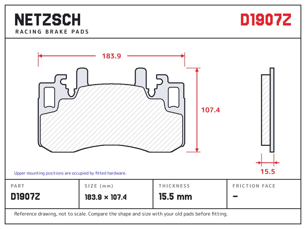 NETZSCH D1907Z brake pad drawing, 15.5 mm thick