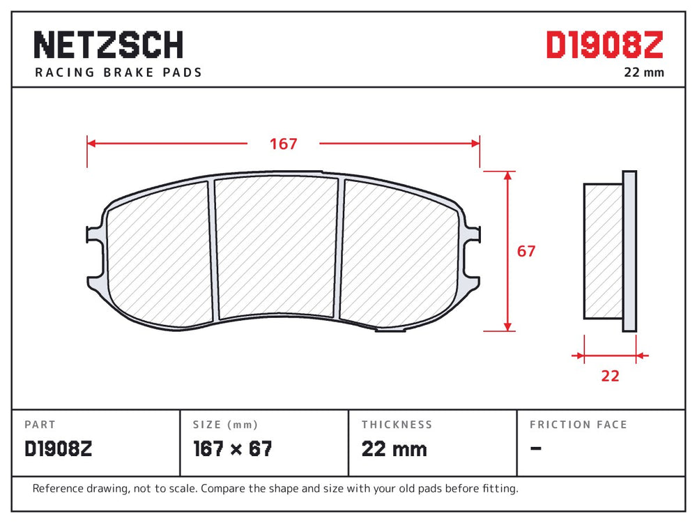 NETZSCH D1908Z brake pad drawing, 22 mm thick
