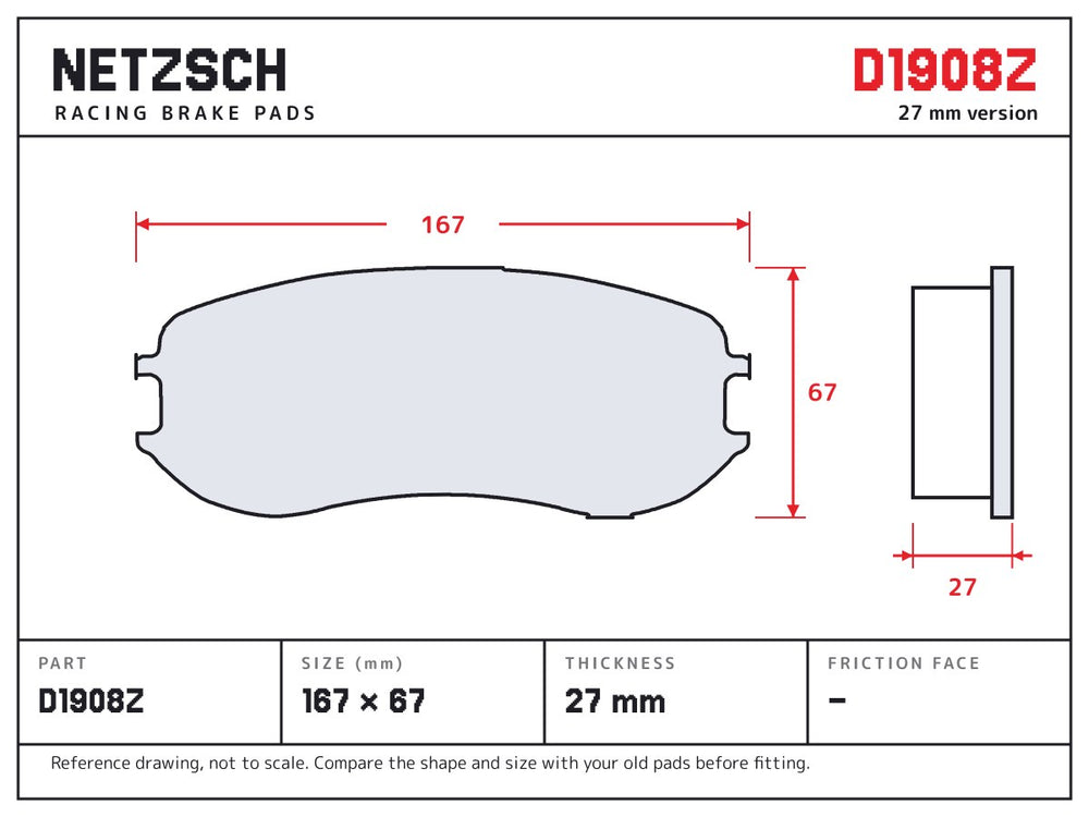 NETZSCH D1908Z brake pad drawing, 27 mm thick