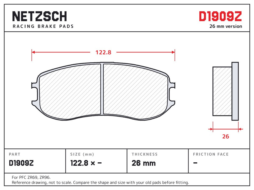 NETZSCH D1909Z brake pad drawing, 26 mm thick