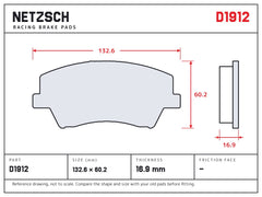 NETZSCH D1912 brake pad drawing, 16.9 mm thick