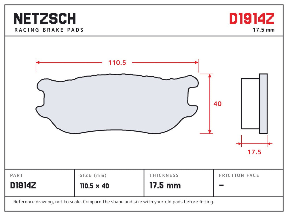NETZSCH D1914Z brake pad drawing, 17.5 mm thick