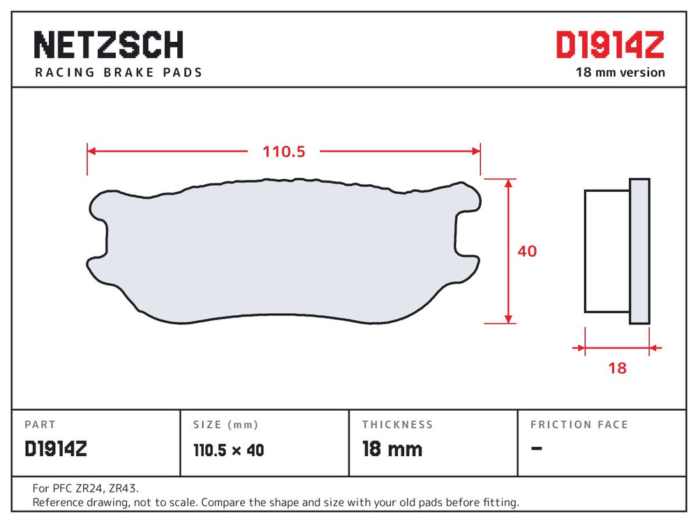 NETZSCH D1914Z brake pad drawing, 18 mm thick