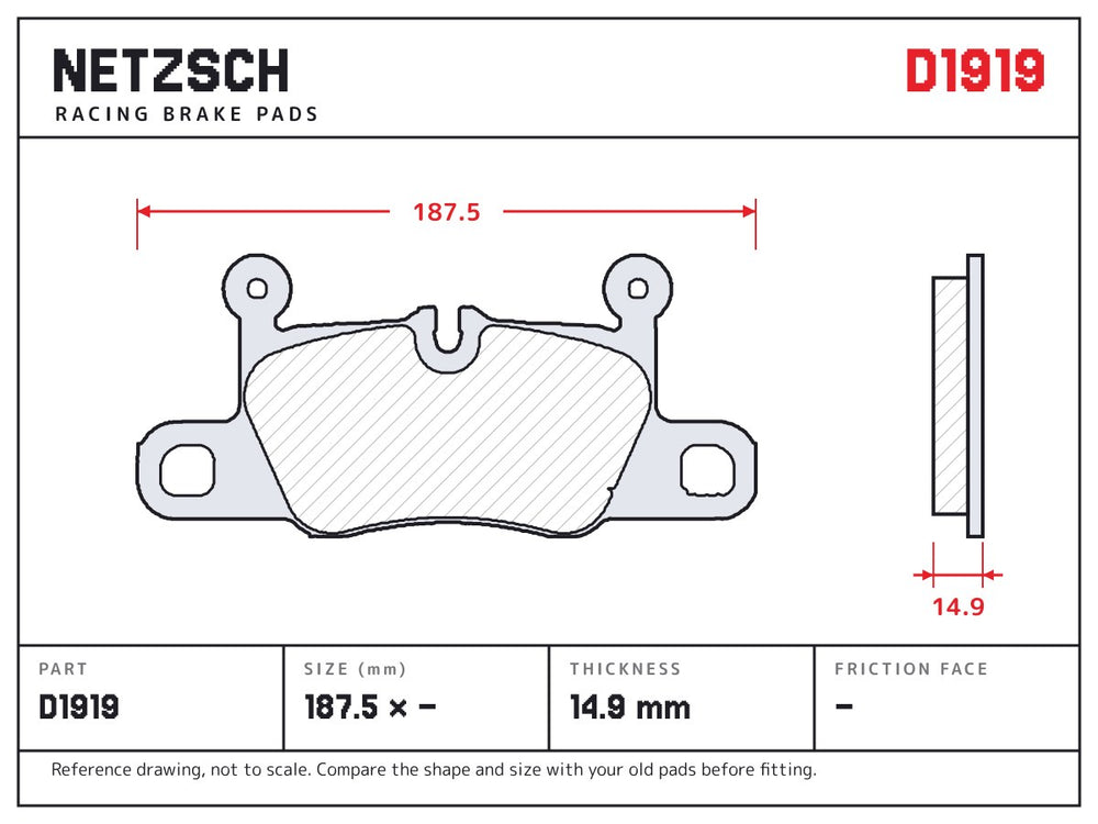 NETZSCH D1919 brake pad drawing, 14.9 mm thick