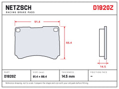 NETZSCH D1920Z brake pad drawing, 14.5 mm thick