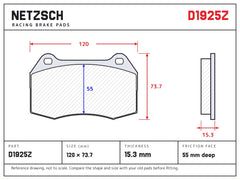 NETZSCH D1925Z brake pad drawing, 15.3 mm thick