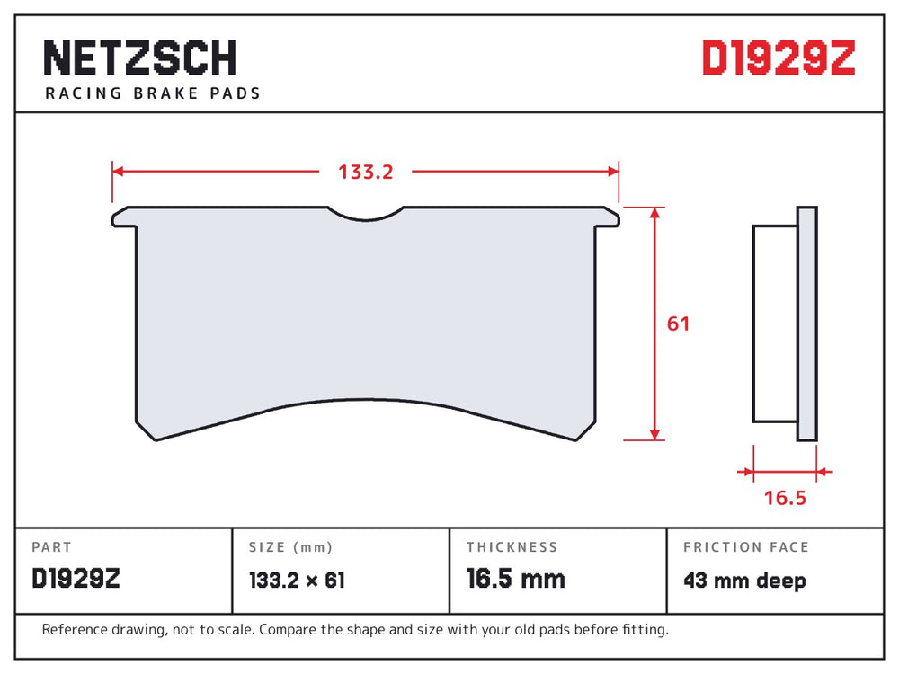 NETZSCH D1929Z brake pad drawing, 16.5 mm thick
