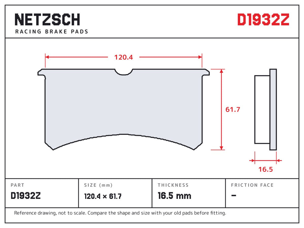 NETZSCH D1932Z brake pad drawing, 16.5 mm thick