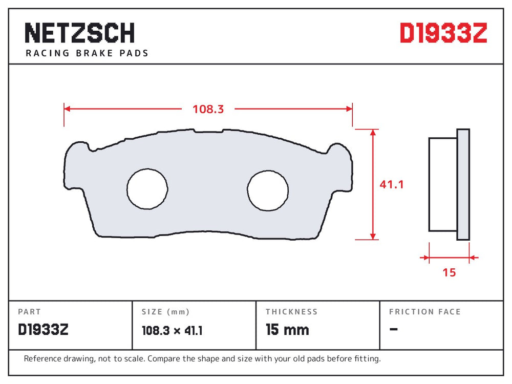 NETZSCH D1933Z brake pad drawing, 15 mm thick