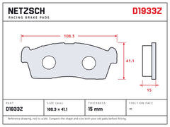 NETZSCH D1933Z brake pad drawing, 15 mm thick