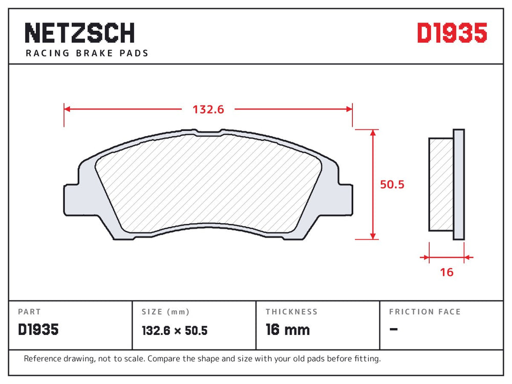 NETZSCH D1935 brake pad drawing, 16 mm thick