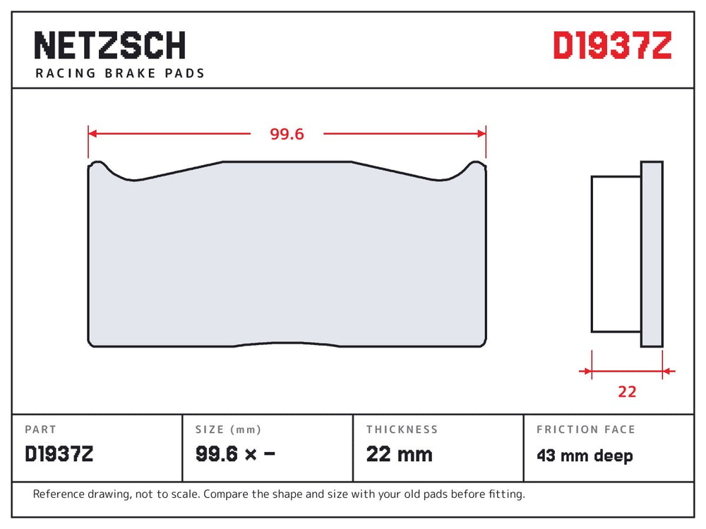 NETZSCH D1937Z brake pad drawing, 22 mm thick