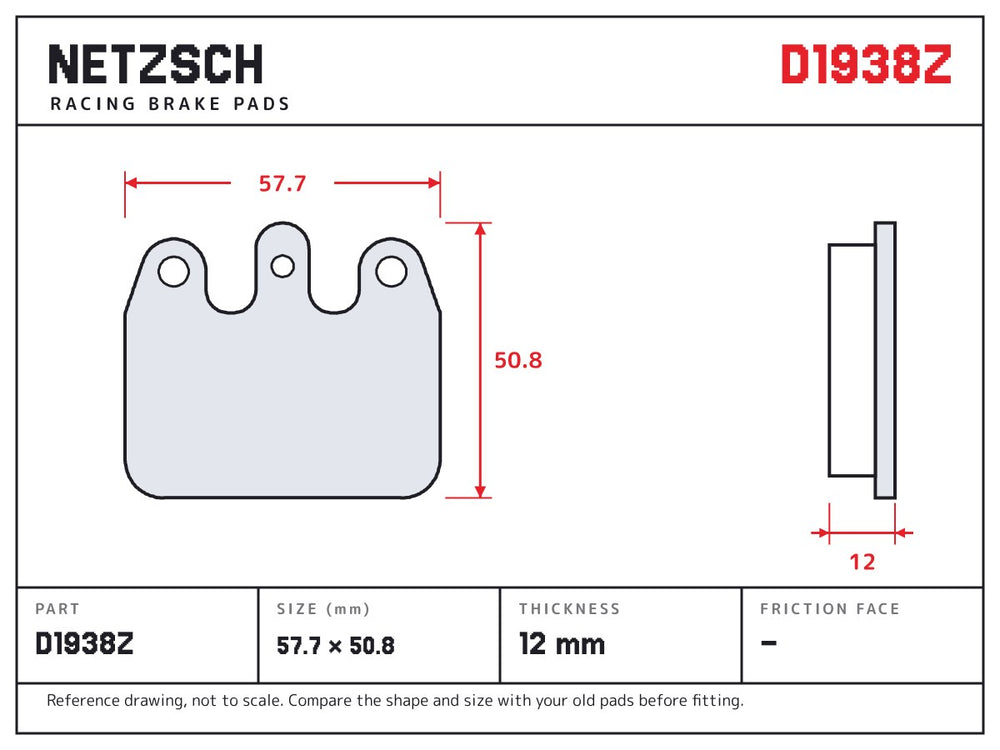 NETZSCH D1938Z brake pad drawing, 12 mm thick