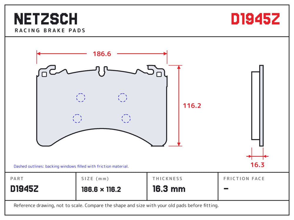 NETZSCH D1945Z brake pad drawing, 16.3 mm thick