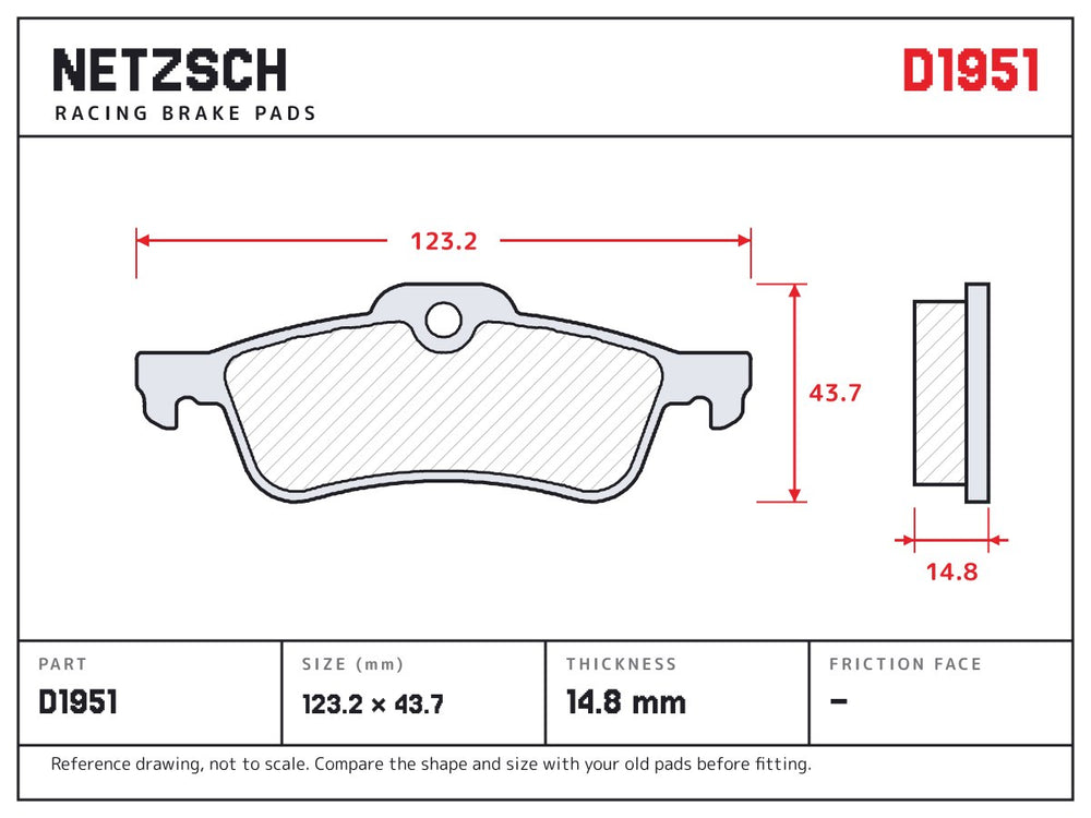 NETZSCH D1951 brake pad drawing, 14.8 mm thick