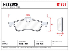 NETZSCH D1951 brake pad drawing, 14.8 mm thick
