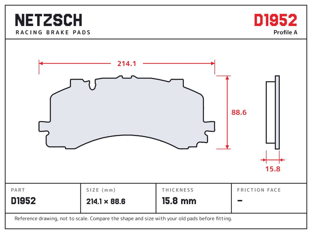 NETZSCH D1952 brake pad drawing, 15.8 mm thick