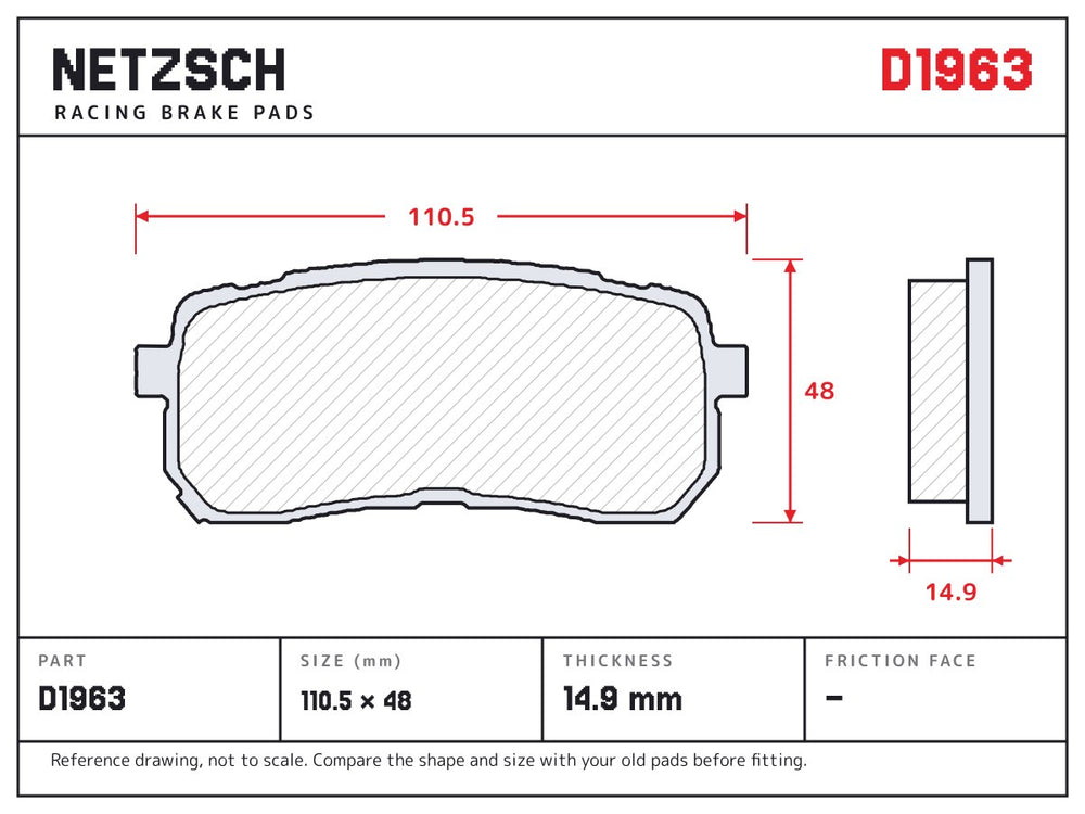 NETZSCH D1963 brake pad drawing, 14.9 mm thick