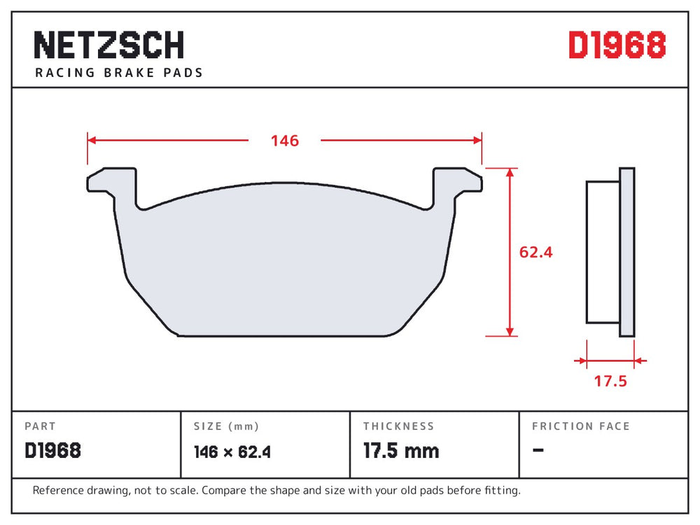 NETZSCH D1968 brake pad drawing, 17.5 mm thick