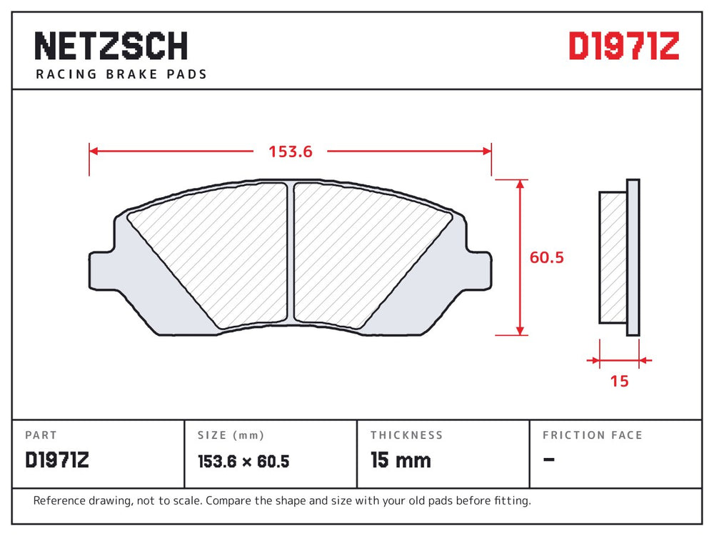 NETZSCH D1971Z brake pad drawing, 15 mm thick
