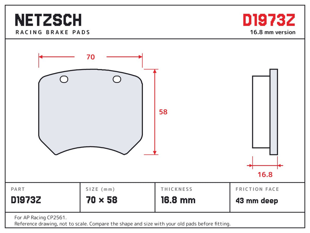NETZSCH D1973Z brake pad drawing, 16.8 mm thick