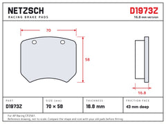 NETZSCH D1973Z brake pad drawing, 16.8 mm thick