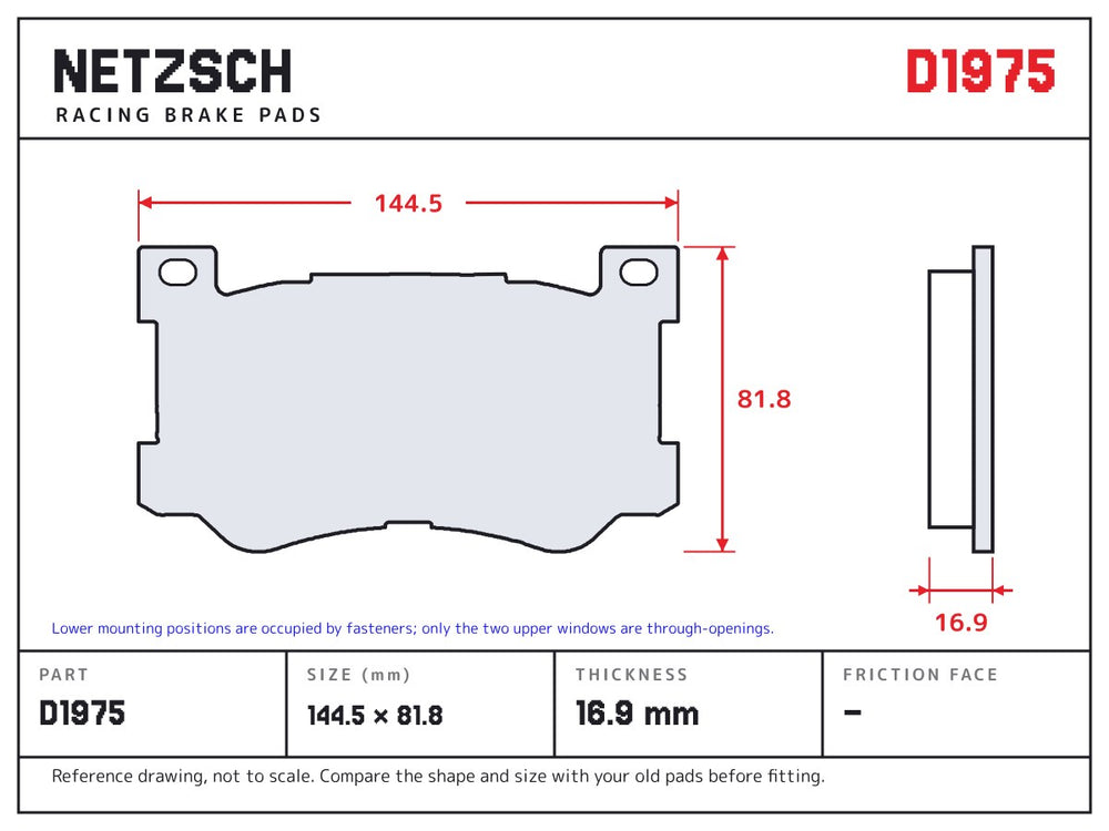 NETZSCH D1975 brake pad drawing, 16.9 mm thick