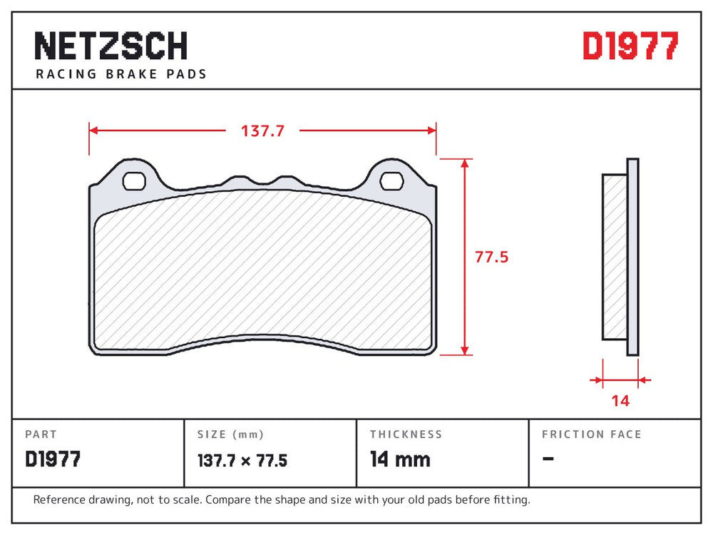 NETZSCH D1977 brake pad drawing, 14 mm thick